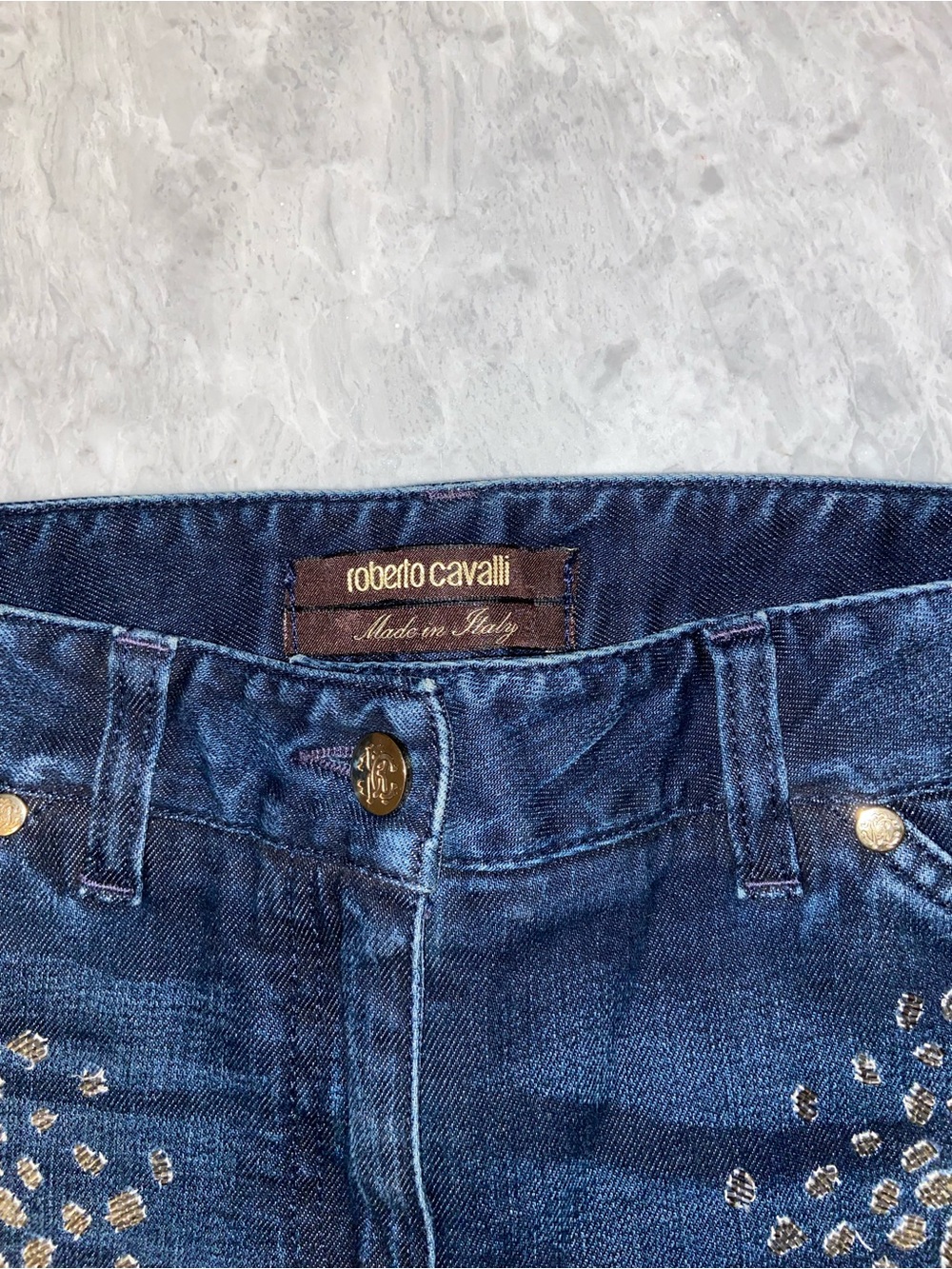 Roberto Cavalli Vintage Gold Beaded Snake Print Jeans - Picture 2 of 11